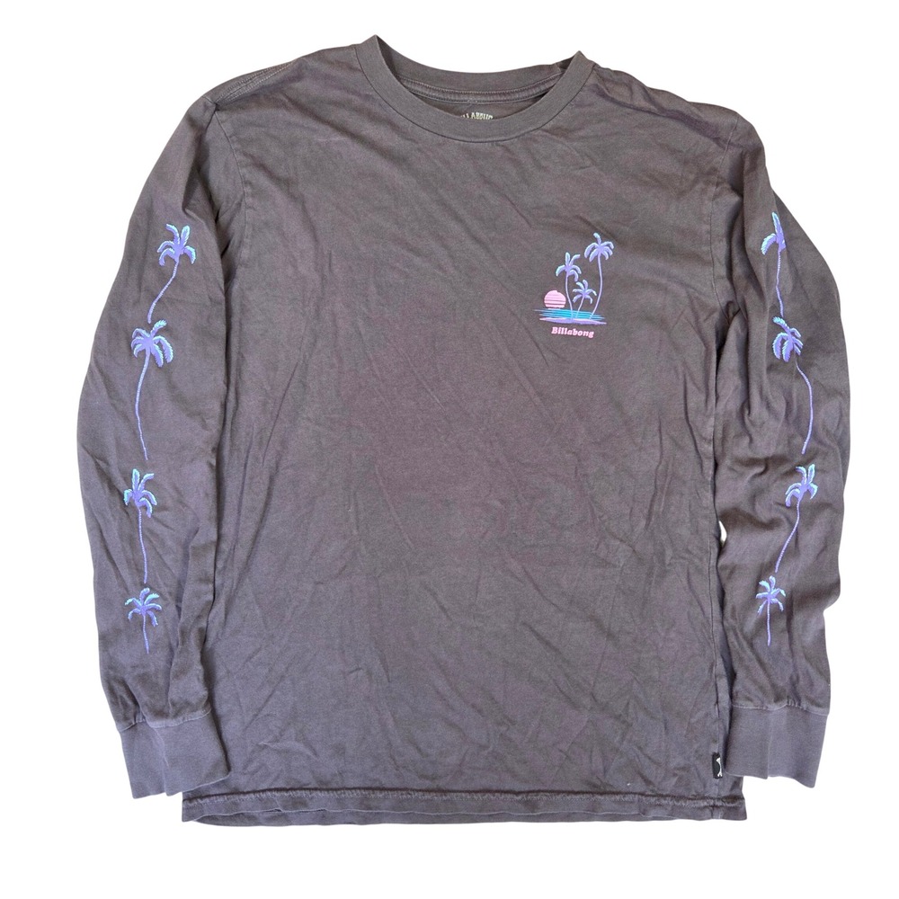 Billabong Wave Washed Long Sleeve Graphic Tee Charcoal Gray Palm Tree Small